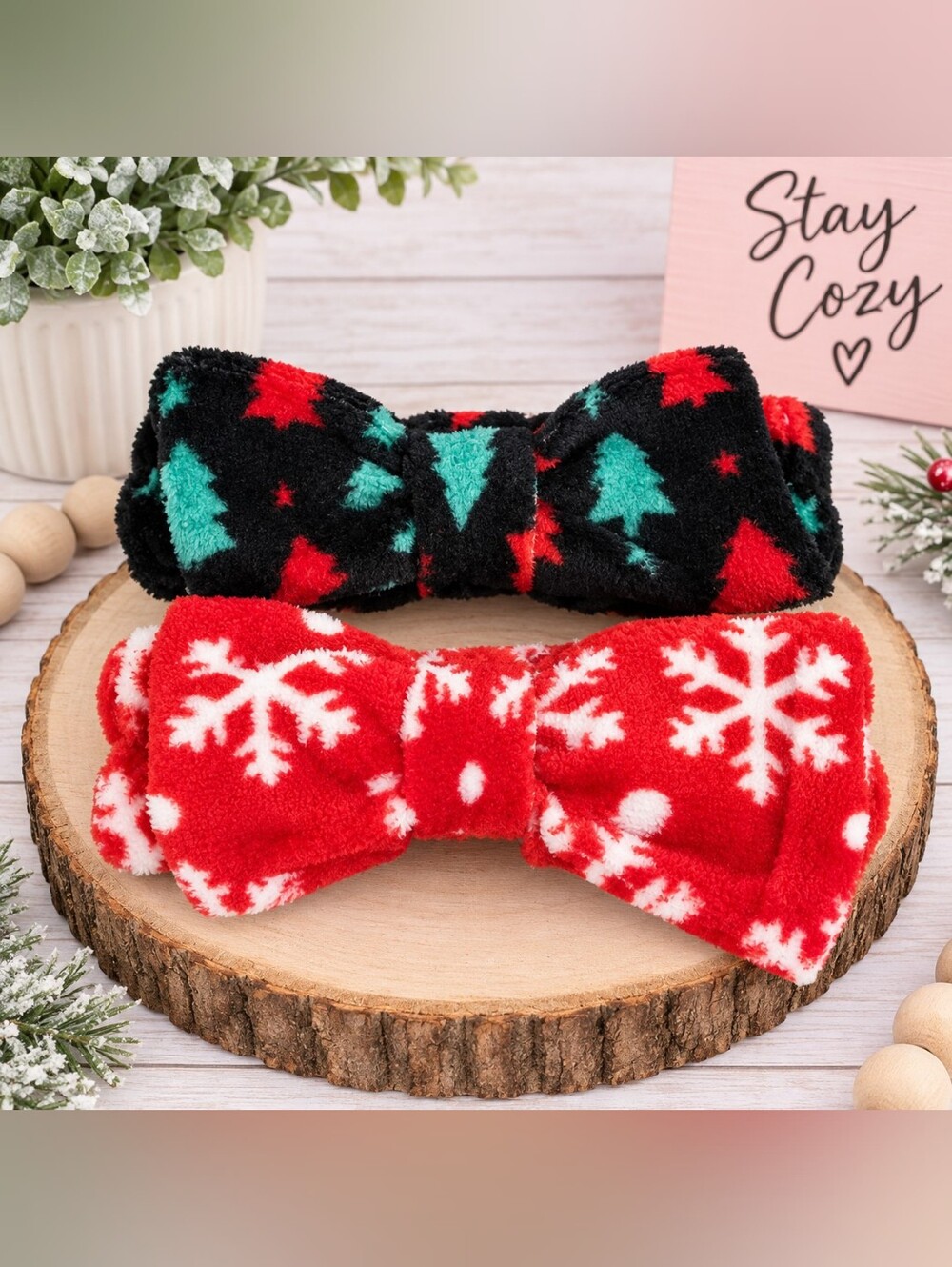 Holiday Plush Bow Headband Set - Red Snowflake & Black Tree Designs